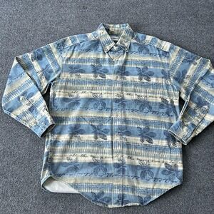 Vintage L.L. Bean Shirt Mens Medium Blue Floral Stripe Cotton Twill Made USA 90s